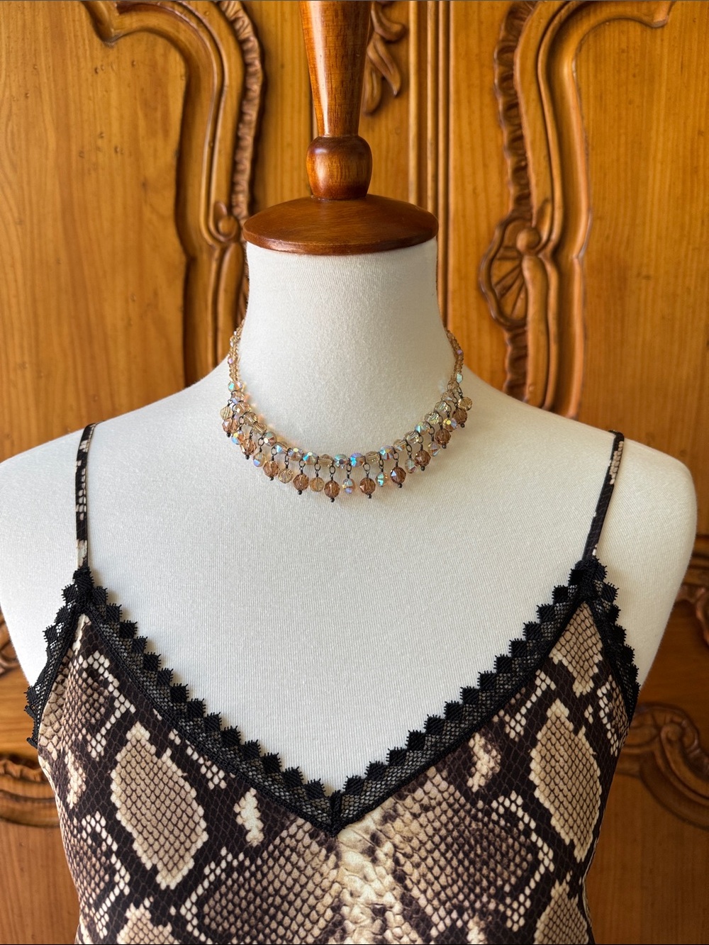 Iridescent Swarovski Crystal Teardrop Necklace - Gold Chain with Brown Accents